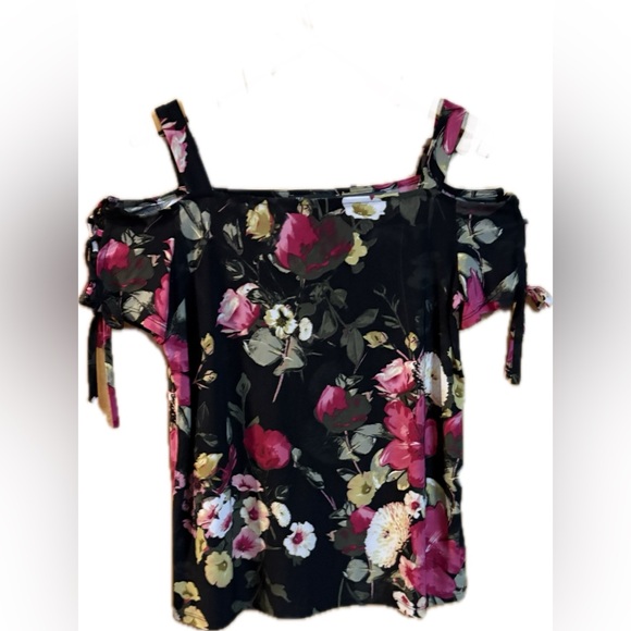 INC International Concepts Black and Pink Floral Cold-Shoulder Blouse - Picture 1 of 8